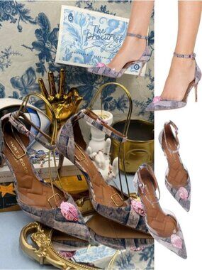 🆕 KURT GEIGER LONDON 🧿 NWOB Belgravia Pink Denim Vinyl High Heel, Sz 37 US 7